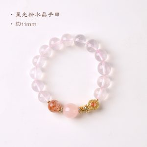 国风桃花粉高冰透粉水晶手串女搭配黑金超七单圈星光粉晶手